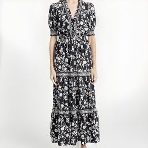 Max Studio Floral L Maxi Dress Black Prairie Cottage Fairy Whimsigoth S/S Empire
